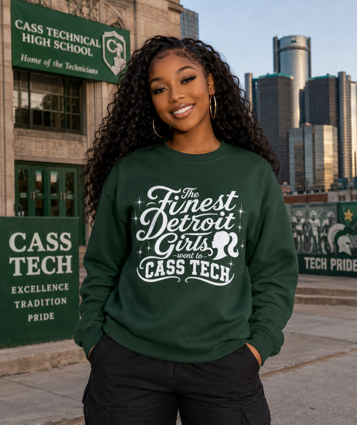 Crewneck Sweatshirt — “The Finest Detroit Girls Went to Cass Tech” Vintage Script