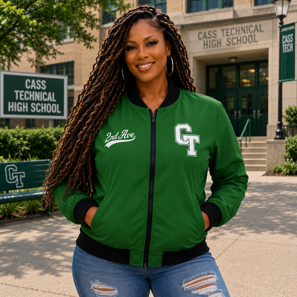 Cass Tech Green Bomber Jacket — "The Finest Detroit Girls Went to Cass Tech" Varsity Design