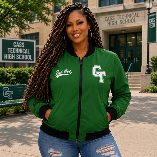 Cass Tech Green Bomber Jacket — "The Finest Detroit Girls Went to Cass Tech" Varsity Design
