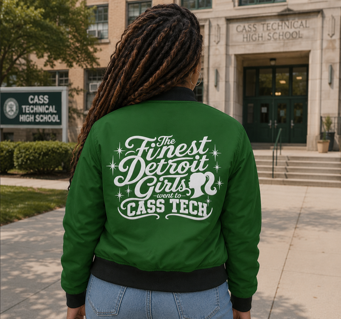 Cass Tech Green Bomber Jacket — "The Finest Detroit Girls Went to Cass Tech" Varsity Design