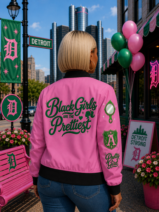 Pink Bomber Jacket — “Black Girls Are the Prettiest” Script Back Design