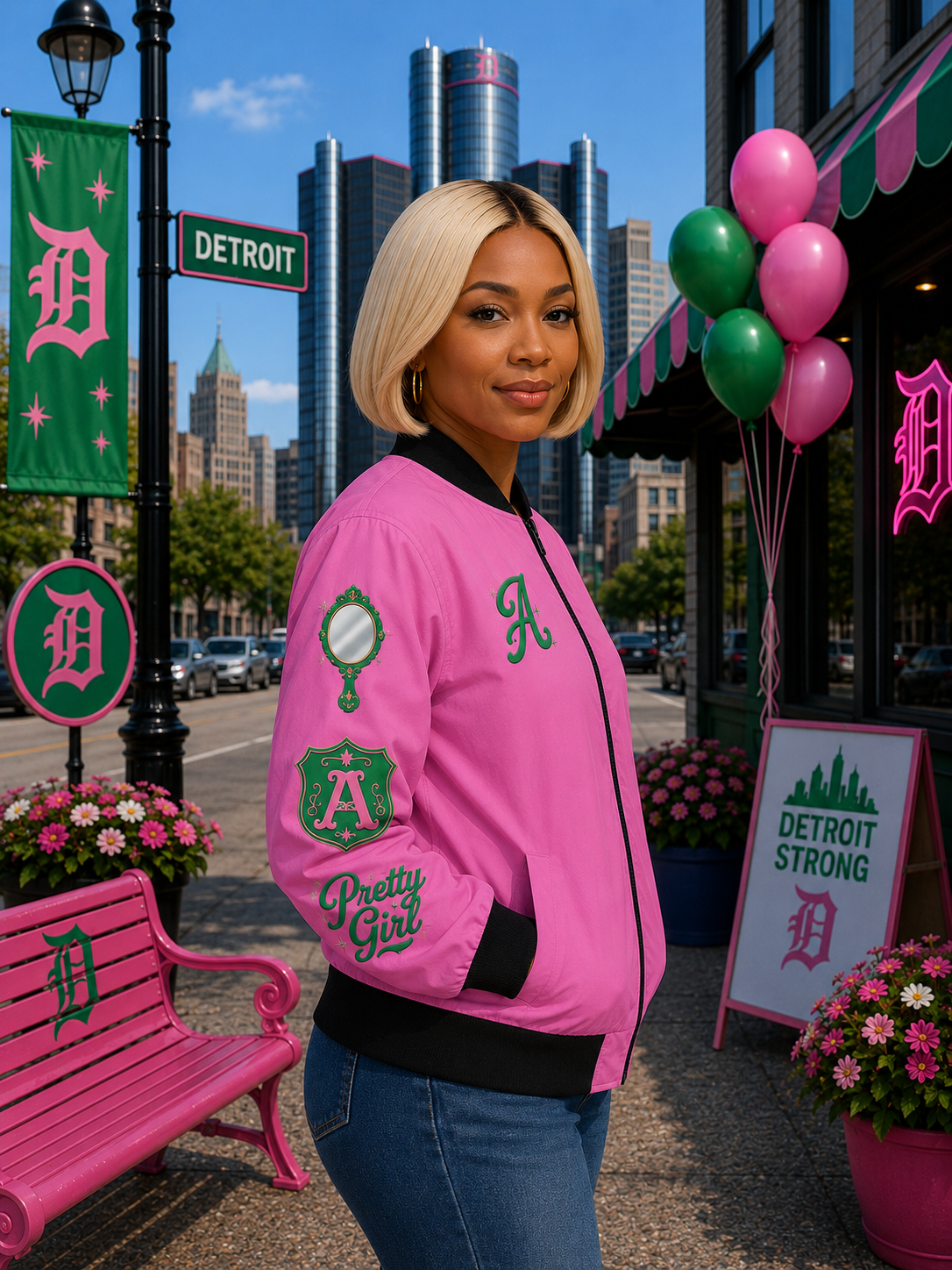 Pink Bomber Jacket — “Black Girls Are the Prettiest” Script Back Design