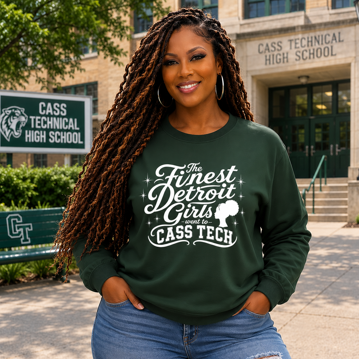 Cass Tech- Afro Silhouette- Detroit Girls are the Finest Crewneck Sweatshirt