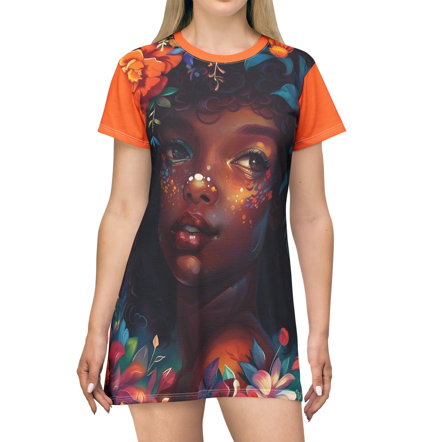 Orange Floral T-Shirt Dress (AOP)
